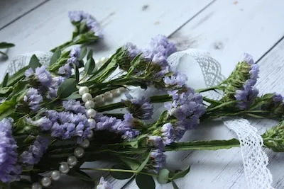 purple and white flower bouquet