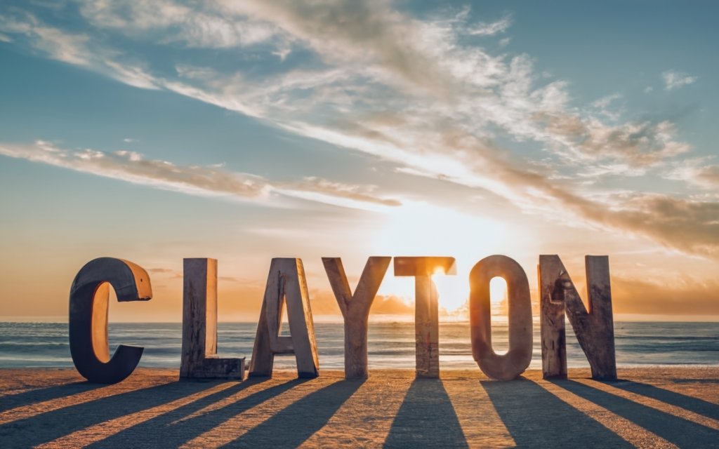 "Clayton" sign on the beach