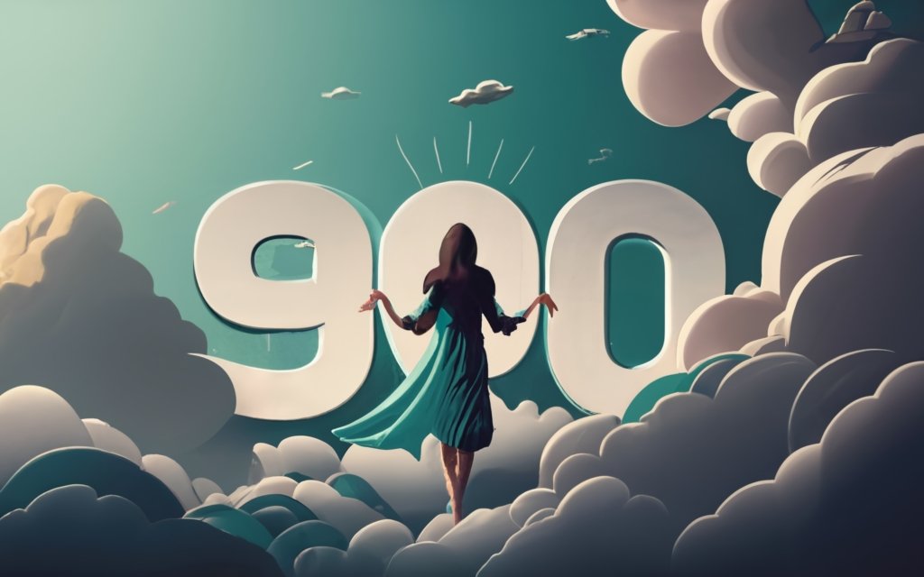a woman standing in front of 900 text sign
