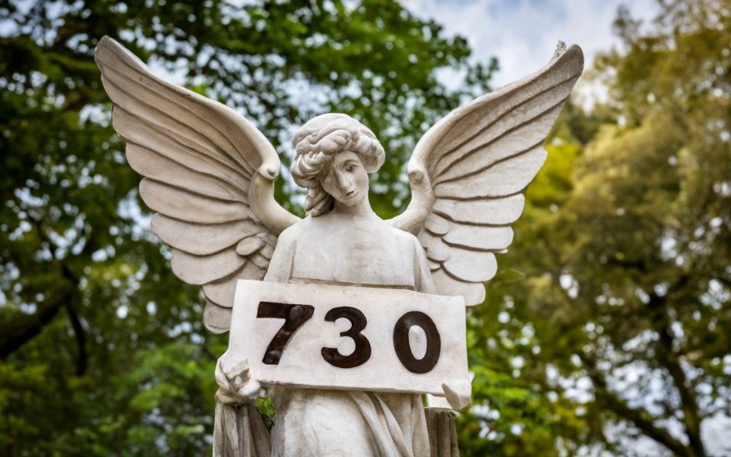 a marble angel statue holding a sign with text 730