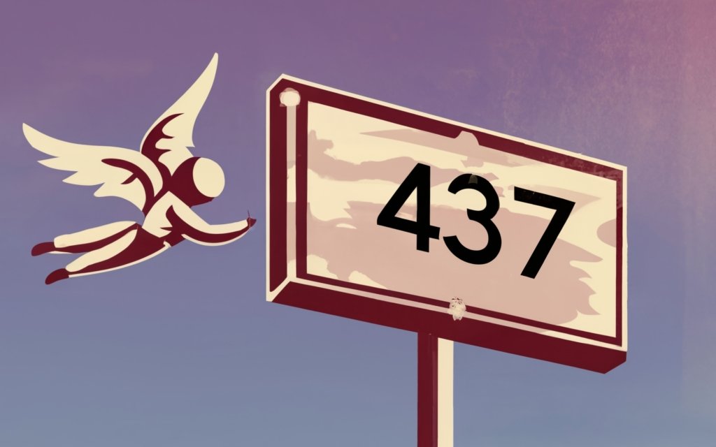 an angel flying by a sign with text 437