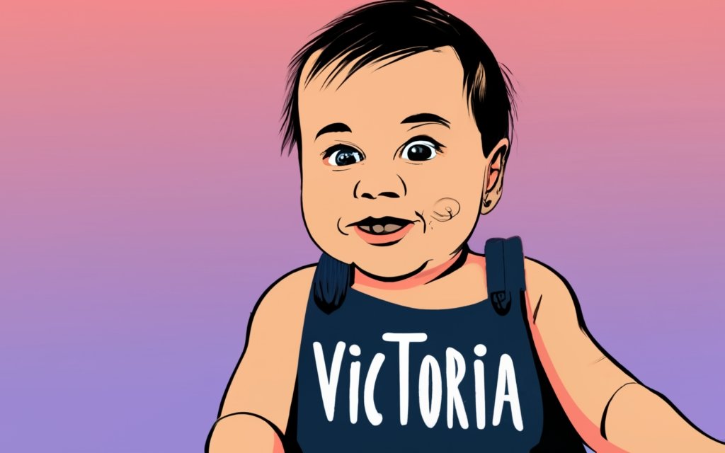 a baby wearing a bib with "Victoria" written on it